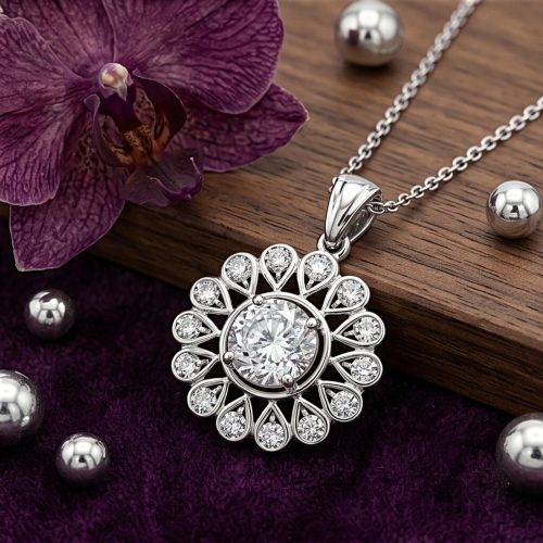 Luxury Big Flower Shape Diamond Pendant in 18K White Gold Natural Diamonds with IDT Certification by Bafleh Jewellery
