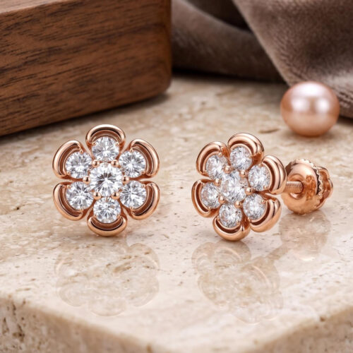 Elegant Flower Shape Stud Earrings in 14K Gold with Natural Diamonds by Bafleh Jewellery