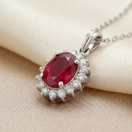 Stunning 18K White Gold Necklace with Natural Diamonds and Rich Ruby Gemstone Luxury Heritage Design by Bafleh Jewellery