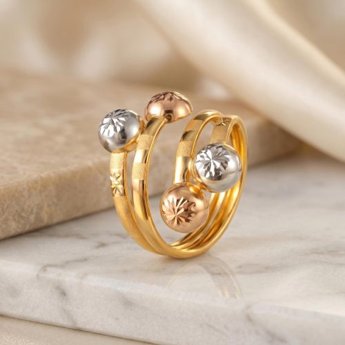Bafleh 18K Tri Color Gold Spiral Ring with Textured Beads