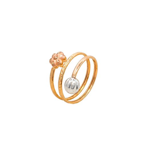 Bafleh 18K Tri Color Gold Spiral Ring with Floral & Bead Motifs