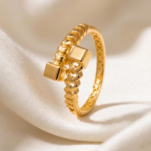 The Cube & Chain 18K Gold Multi Texture Statement Ring