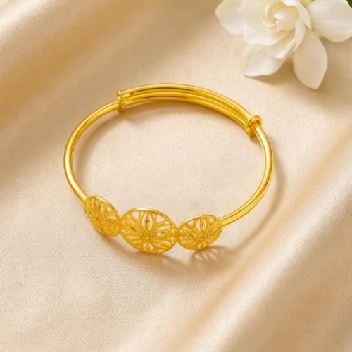 Bafleh Jewellery 21K Gold Adjustable Baby Bangle with Three Filigree Flower Wheels