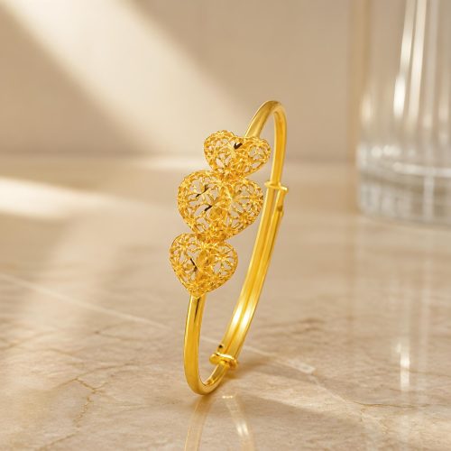 Bafleh Jewellery 21K Gold Adjustable Baby Bangle with Filigree Heart Trio