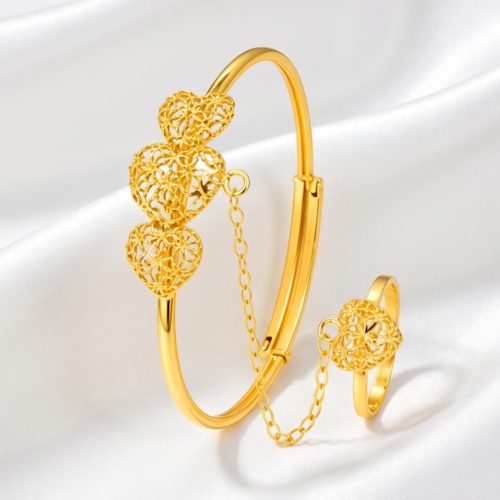 21K Elegant Yellow Gold Filigree Heart Trio Baby Kada with Attached Chain Ring  Bafleh Jewellery