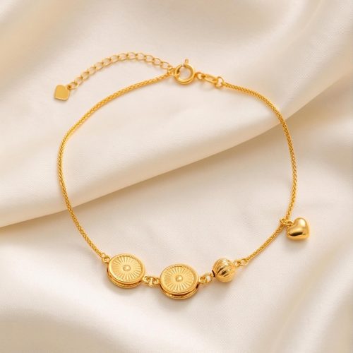 18K Yellow Gold Multi Charm Heart  Fluted Bead Bracelet