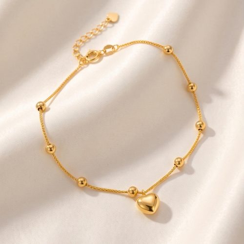 18K Yellow Gold Romantic Puffy Heart  Ball Chain Bracelet
