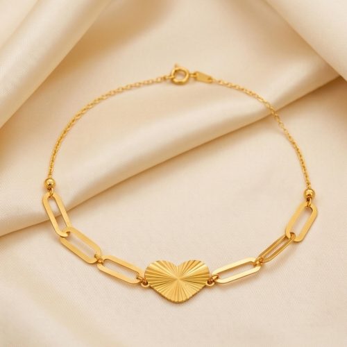 21K lightweight gold bracelet featuring a radiant textured sunburst heart charm and modern paperclip links crafted for effortless everyday luxury by Bafleh Jewellery