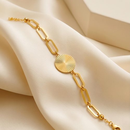 21K lightweight gold bracelet featuring a radiant textured sunburst heart charm and modern paperclip links crafted for effortless everyday luxury by Bafleh Jewellery