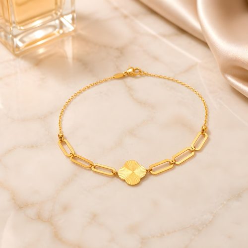 Minimalist Luxury 21K Gold Paperclip Chain Clover Bracelet by Bafleh Jewellery
