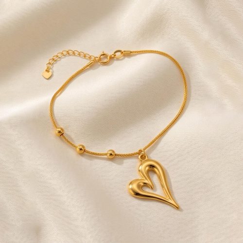 18K Yellow Gold Heart Pendant  Bead Bracelet