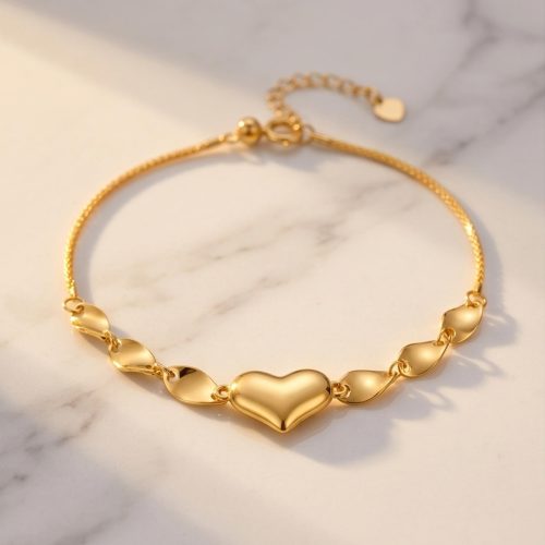 Elegant 18K Gold Polished Heart  Leaf Motif Bracelet