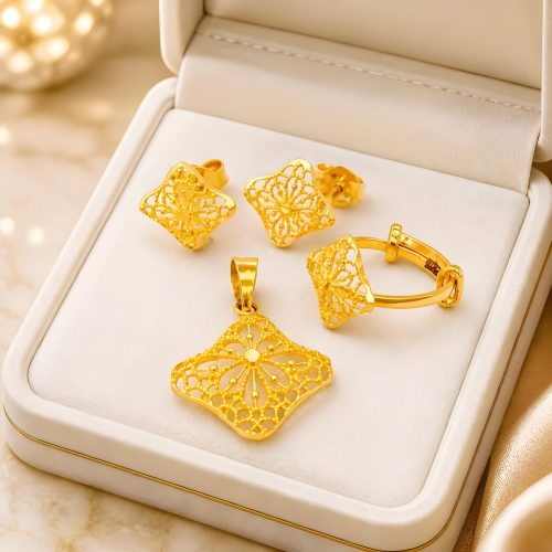 Premium 21K Yellow Gold Baby Pendant Set with Matching Ring  Studs