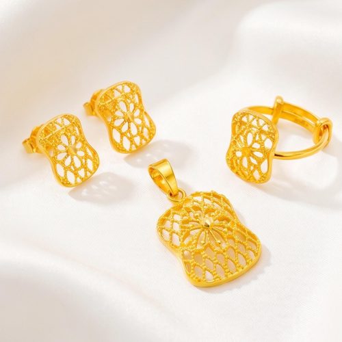 Bafleh Jewellery 21K Gold Kids Textured Filigree , Earrings  Ring Pendant Set