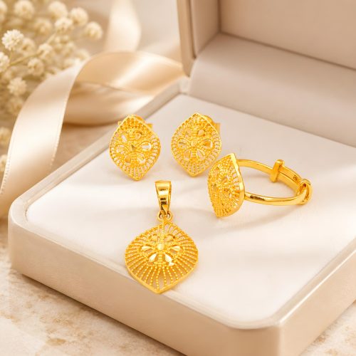 Bafleh Jewellery 21K Gold Kids Leaf Shaped Floral Pendant, Earrings  Ring Set