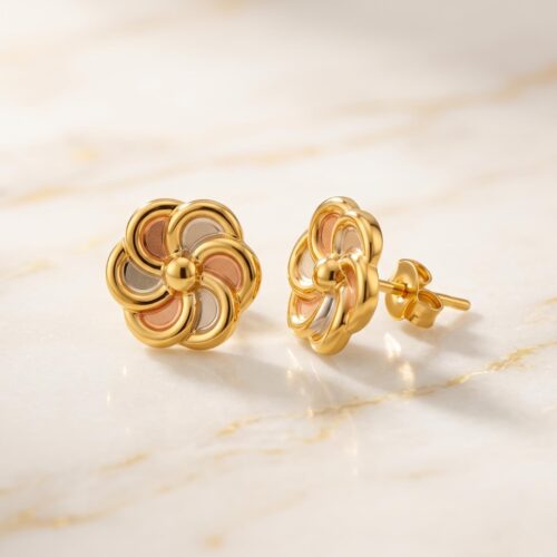 Bafleh Jewellery 22K Three Tone Gold Floral Stud Earrings