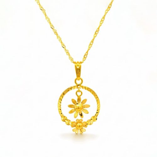 Flower Shape with Outer Round Pendant with Chain in 21K Gold  Available at Bafleh Jewellery