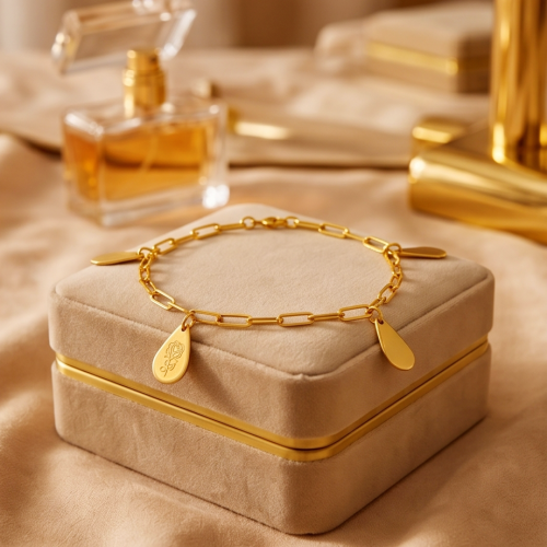 21K Yellow Gold Rose Etched Teardrop Charm Bracelet