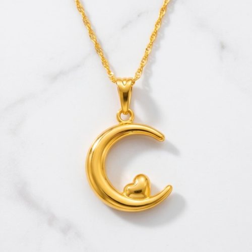 Moon Shape with Small Heart Pendant with Chain in 21K Gold  Bafleh Jewellery