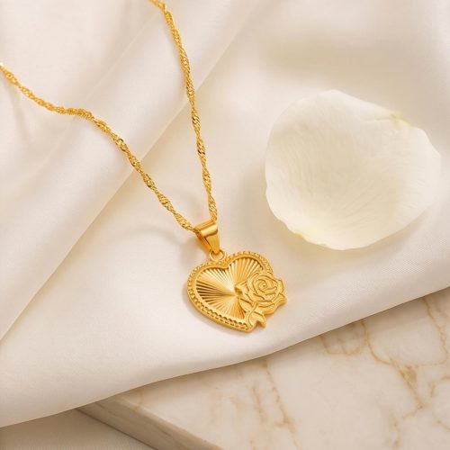 Elegant and Timeless Heart Shape Pendant with Chain in Pure 21K Gold Now Available at Bafleh Jewellery
