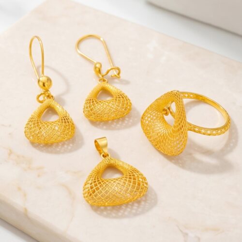 BAFLEH JEWELLERY 21K Yellow Gold Geometric Filigree Mesh Pendant Set with Matching Drop Earrings and Ring