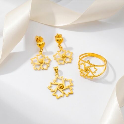 Bafleh Jewellery 21K Gold Floral Cut-Out Pendant Set with Earrings, Ring