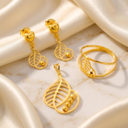 Bafleh Jewellery 21K Yellow Gold Leaf Pendant Set with Ring and Earrings