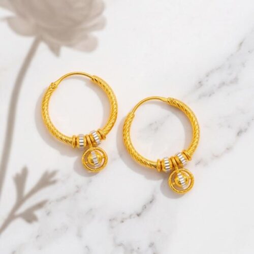 Bafleh 21K Two Tone Gold Twisted Hoop Earrings with Circular Orbit Charm