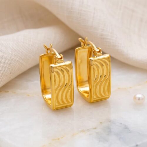 Bafleh 21K Yellow Gold Rectangular Hoop Earrings with Wavy Textured Panels
