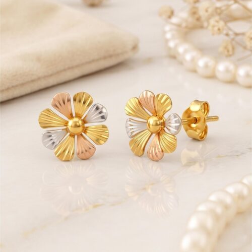 Bafleh Jewellery 22K Tri Color Gold Grooved Floral Stud Earrings