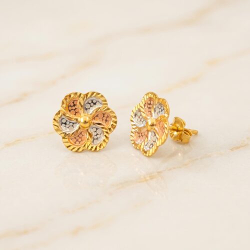 22K Three-Tone Gold Dotted Laser Cut Flower Studs