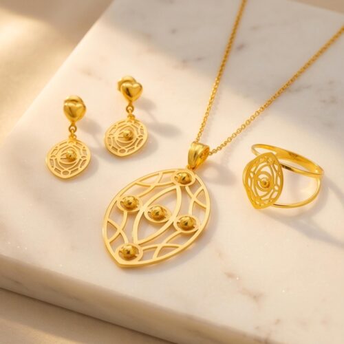 21K Yellow Gold Oval Lattice Pendant set, Heart Stud Drop Earrings and Ring by Bafleh jewellery