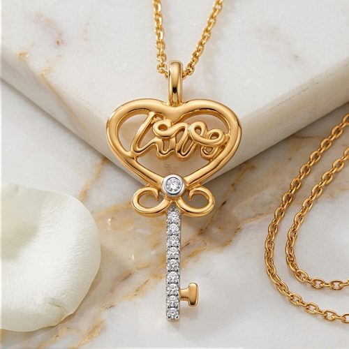 Certified Natural Diamond Heart & Key Pendant in 18K Yellow Gold Elegant Design by Bafleh Jewellery