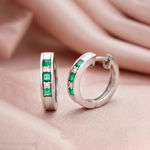 Stunning 18K Gold Emerald & Diamond Hoop Earrings in White Gold| Premium Collection at Bafleh Jewellery