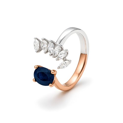 Contemporary Luxury 18K White & Rose Gold Ring with Blue Sapphire and Natural Diamonds Bafleh Jewellery Exclusive