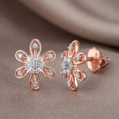 Bafleh Jewellery?s Signature 18K Rose Gold Flower shape Diamond Earrings Guaranteed Brilliance with IDT Certified Diamonds