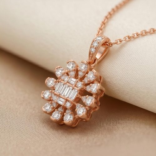 Luxury 18K Rose Gold Flower Diamond Pendant Necklace
