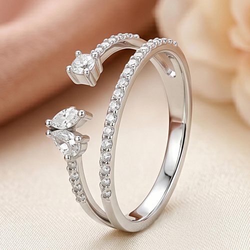 Elegant 18K White Gold Double Layer Diamond Ring | Certified Natural Diamonds | Bafleh Jewellery