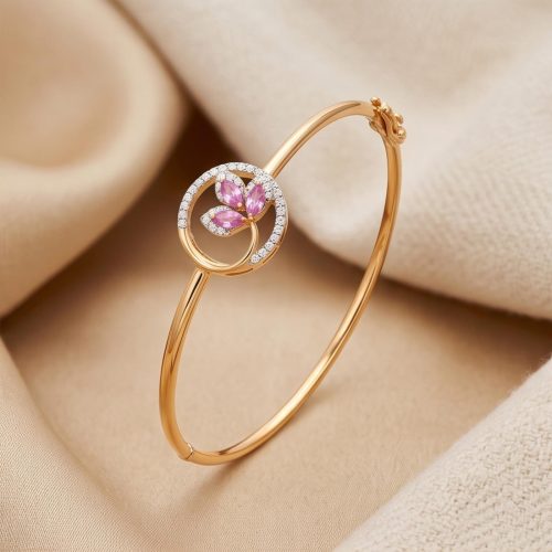 Elegant 18K Gold Bangle Featuring Beautiful Pink Stone Flower with Sparkling Natural Diamonds
