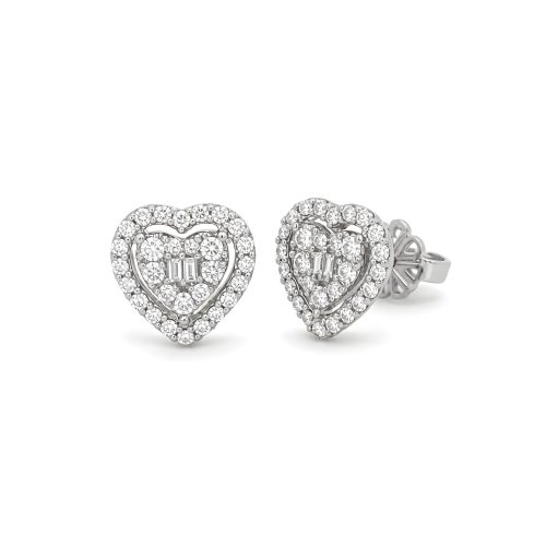 Fine Jewelry Heart Shape 18K Gold Earrings Studs in White Gold with Natural Diamonds| Bafleh Jewellery