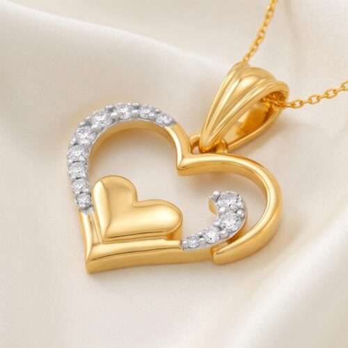 Elegant 18K Yellow Gold Heart Shape Natural Diamond Necklace  Bafleh Jewellery