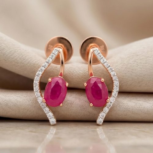 Beautiful Ruby Stone Earrings in 18K Rose Gold with Natural Diamonds | Bafleh Jewellery