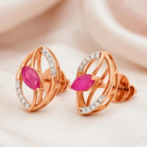 Radiant Ruby Stone Earrings with Natural Diamonds | 18K Rose Gold Elegance
