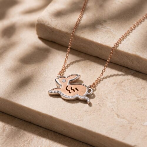18K Rose Gold Rabbit Shape Natural Diamond Necklace Bafleh Jewellery Exclusive