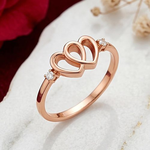 Romantic Double Heart Diamond Ring in 18K Rose Gold | IDT Certified Natural Diamonds | Bafleh Jewellery