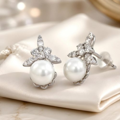 Beautiful 18K White Gold Natural Diamond Pearl Stud Earrings | IDT Certificate | Bafleh Jewellery