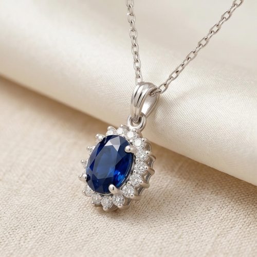 Exquisite 18K White Gold Diamond Necklace with Deep Blue Sapphire Stone Handcrafted Luxury Jewellery Collection by Bafleh Jewellery
