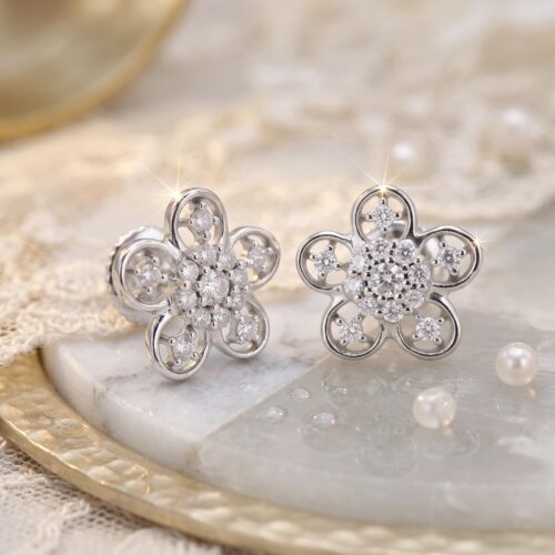 Bafleh Jewellery Diamond Flower Stud Earrings in 18K White Gold