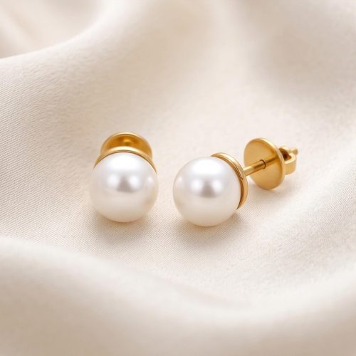Minimal & Elegant 18K Yellow Gold Pearl Stud Earrings| Available at Bafleh Jewellery