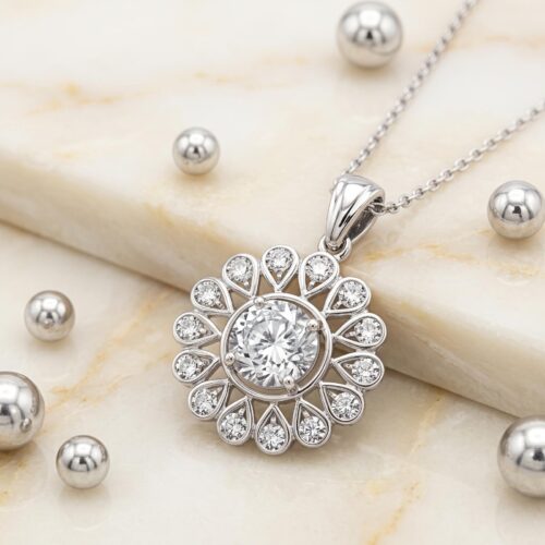 Luxury Big Flower Shape Diamond Pendant in 18K White Gold Natural Diamonds with IDT Certification by Bafleh Jewellery